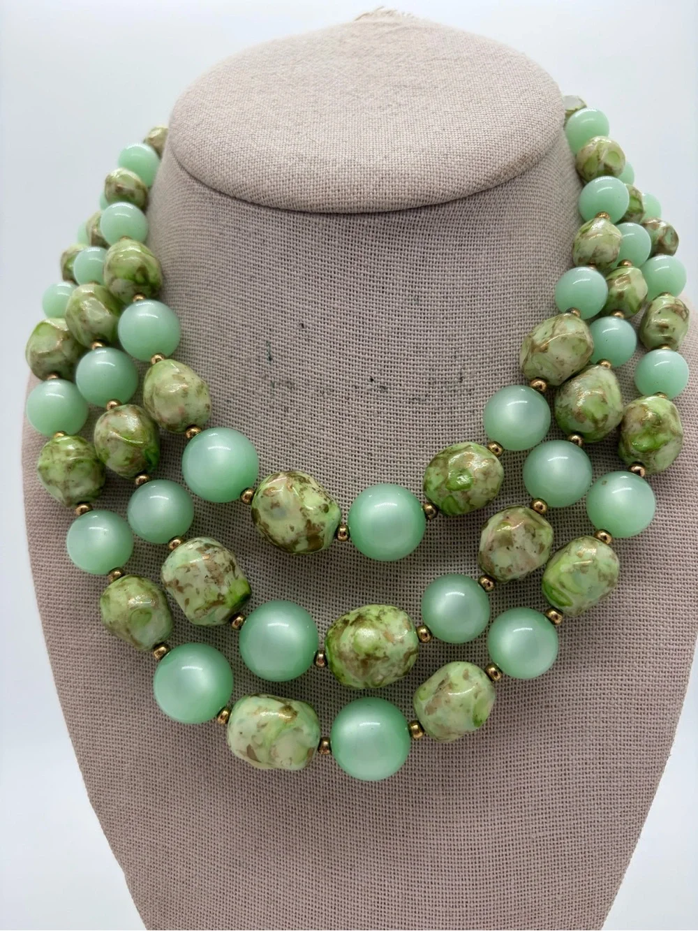 Vintage gold tone plastic green triple layer beaded necklace